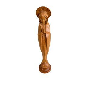 Hand-Carved Wooden Virgin Mary Statue Figurine With Halo